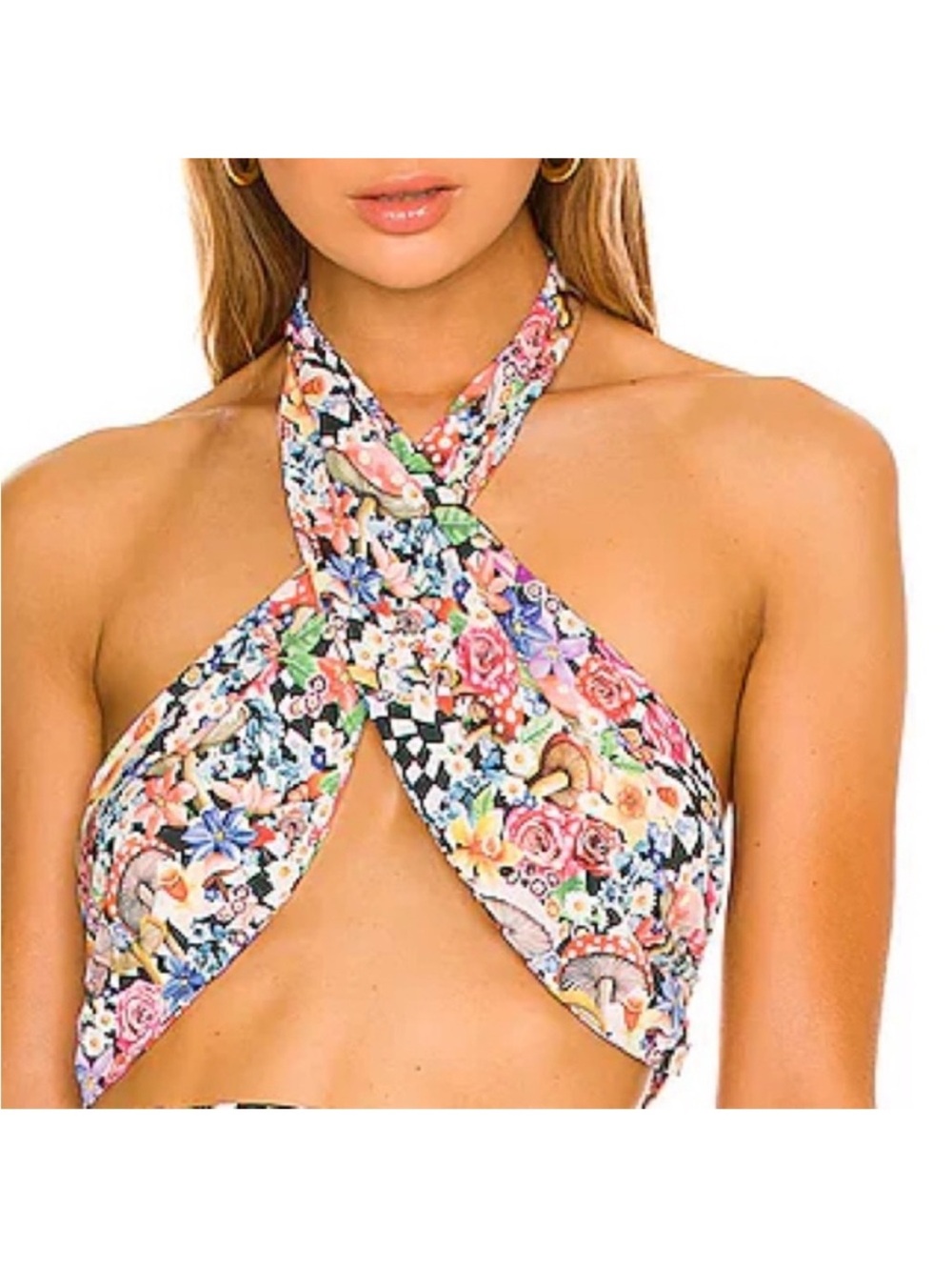 For Love & Lemons Small Top Diedra Halter Scarf Festival Mushroom Black Motif - Picture 3 of 13